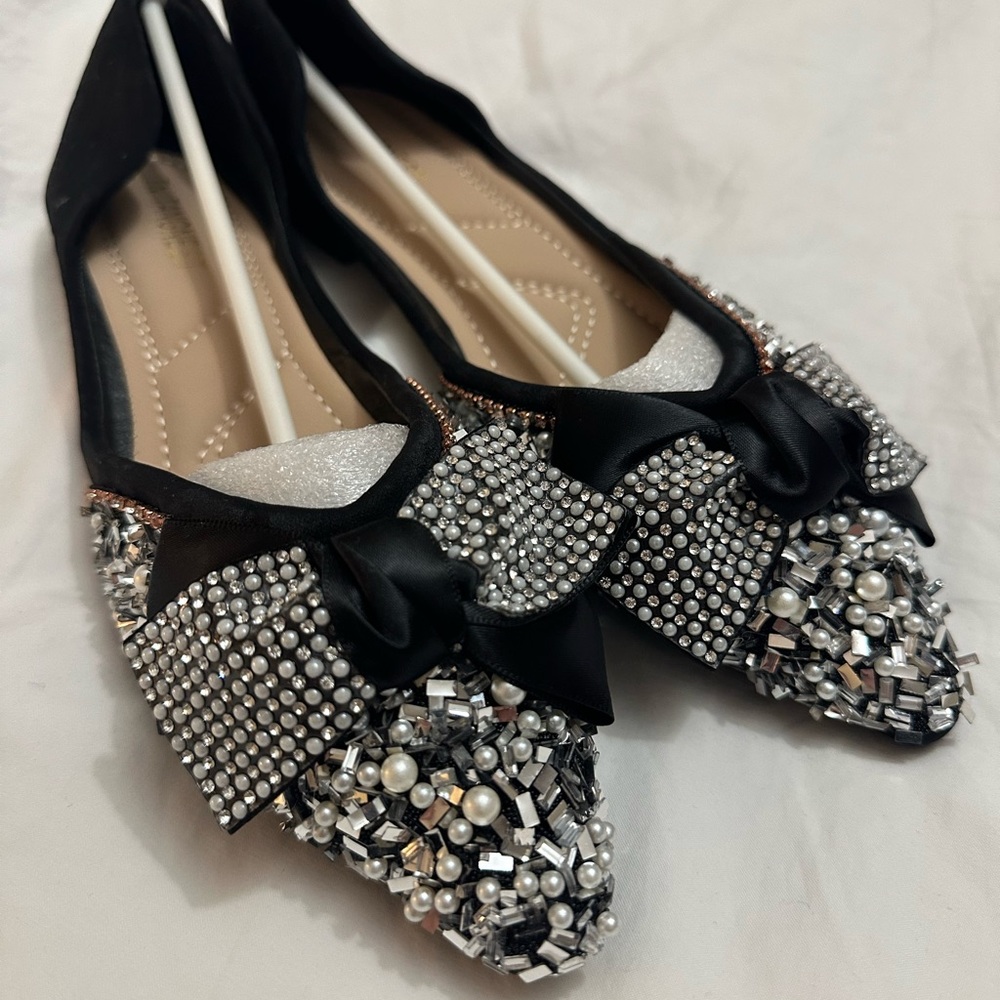 Black Rhinestone Embellished Flats